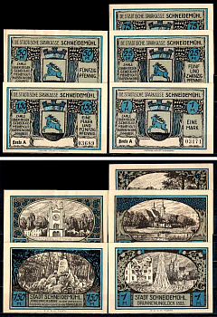 Шнейдемюль (Позен) полный набор из 5 нотгельдов (25, 50 и 75 пфеннигов; 1 и 1,5 марки) 1922 Mehl Grabowski 1191.1b бумага UNC (пресс) 7556-70-1-2