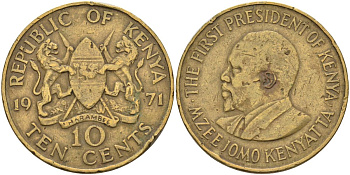 Кения 10 центов 1971 Джомо Кениата KM 11 никель латунь 4590-915