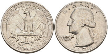 США 25 центов (квотер) 1972 Вашингтон KM 164a медь плакированная медно-никелем 4114-756