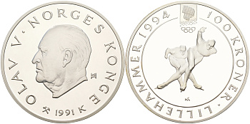 Норвегия 100 крон 1991 зимние Олимпийские игры 1994 года в Лиллехаммере, конькобежный спорт KM 434 серебро  PROOF  11-236-24