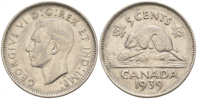 Канада 5 центов 1939 Георг VI (1937-1952), бобр KM 33 никель 73-1127