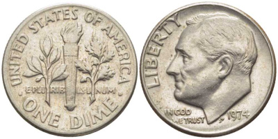США 10 центов (дайм) 1974 Франклин Рузвельт KM 195а медь плакированная медно-никелем 116-625