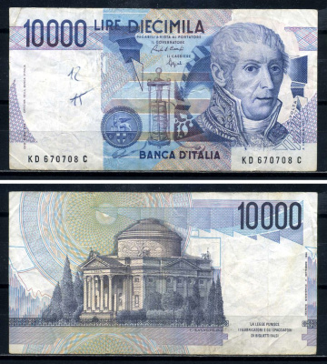 Италия 10000 лир 1984 Вольта, музей Храм Вольтиано Pick 112b бумага 8590-14-2-1