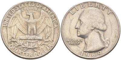 США 25 центов (квотер) 1969 Вашингтон KM 164a медь плакированная медно-никелем 84-536