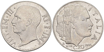 ИТАЛИЯ 20 ЧЕНТЕЗИМО 1941 R, ГОД XIX, ВИКТОР ЭММАНУИЛ III (1900-1946) KM 75b, VEM3. 1028 нержавеющая сталь 3853-756
