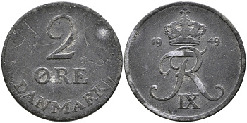 ДАНИЯ 2 ЭРЕ 1949 N; S, ФРЕДЕРИК IX (1947-1972) KM 840.1 цинк 28-1037