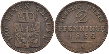 Пруссия 2 пфеннига 1852 А, Фридрих Вильгельм IV (1840-1861) KM 452, Jaeger 51, Olding 336, AKS 91 медь 100-329