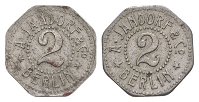 Берлин 2 пфеннига ND A. Jandorf and Co Men05 1849.2, Men18 2390.2 железо aUNC 4636-1237