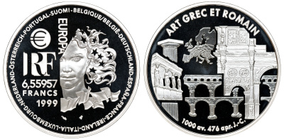 Франция 1 евро = 6,55957 франков 2000 греко-романский стиль в архитектуре (1000 до н.э.- 476 н.э.) в коробке с сертификатом KM 1244 серебро PROOF 4-3-3-10