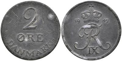 ДАНИЯ 2 ЭРЕ 1949 N; S, ФРЕДЕРИК IX (1947-1972) KM 840.1 цинк 28-1037