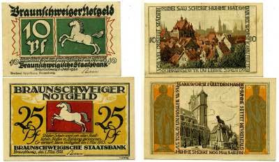 ВЕСТФАЛИЯ НАБОР ИЗ 2 БАНКНОТ 1 МАЯ 1921 - 1 МАЯ 1923, НОТГЕЛЬД (10, 25 ПФЕННИГОВ), ЗЕМЛЯ СЕВЕРНЫЙ РЕЙН-ВЕСТФАЛИЯ, СЕРИЯ ALT BRAUNSCHWEIG Grabowski 155.2 бумага 2193-7-4-2