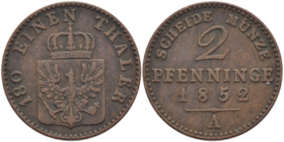 Пруссия 2 пфеннига 1852 А, Фридрих Вильгельм IV (1840-1861) KM 452, Jaeger 51, Olding 336, AKS 91 медь 100-329