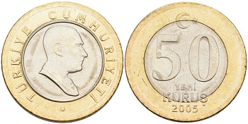 Турция 50 курушей 2005 Кемаль Ататюрк KM 1168 биметалл аUNC 4561-116