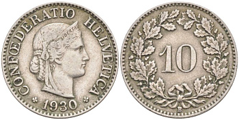 ШВЕЙЦАРИЯ 10 РАППЕНОВ 1930 В KM 27 медно-никель 3309-533