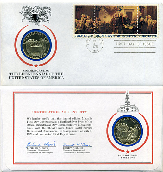 США медаль и комплект марок 1976 конверт Первого дня гашения, 200 лет США, в оригинальной упаковке UNC 7-7-3