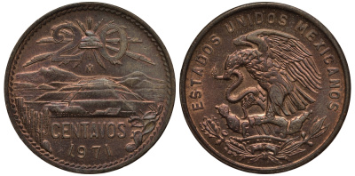 МЕКСИКА 20 СЕНТАВО 1971 ПИРАМИДА СОЛНЦА В ТЕОТИУАКАНЕ KM 440 бронза XF- 215-844
