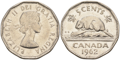 Канада 5 центов 1962 Елизавета II (1952-2022), бобер KM 50а никель 4148-1217