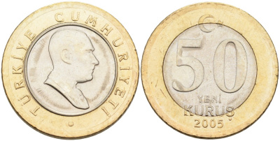 Турция 50 курушей 2005 Кемаль Ататюрк KM 1168 биметалл аUNC 4561-116