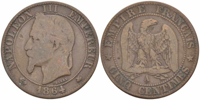 ФРАНЦИЯ 5 САНТИМОВ 1864 A, НАПОЛЕОН III (1852-1870) KM 797.1, LE FRANC 117.11 бронза 108-545