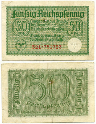 ГЕРМАНИЯ 50 РЕЙХСПФЕННИГОВ 1940-1945 ДЛЯ ОККУПИРОВАННЫХ ТЕРРИТОРИЙ Pick R135 бумага 3295-88-2-1
