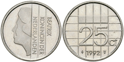 НИДЕРЛАНДЫ 25 ЦЕНТОВ 1992 БЕАТРИКС KM 204 никель 96-325