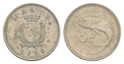 Мальта 10 центов 1998 золотая макрель KM 96 медно-никель 4632-865