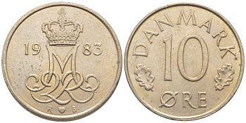 Дания 10 эре 1983 R; B, Маргрете  II (1972-2024) KM 860.3 медно-никель 116-254