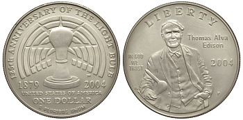 США 1 доллар 2004 P, 125 лет изобретению электрического света, Томасом Эдисоном KM 362 серебро UNC 00-000-00
