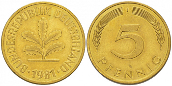 ФРГ 5 ПФЕННИГОВ 1981 J KM 107, J. 382 сталь плакированная латунью 4396-1645
