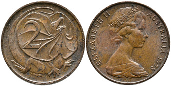 АВСТРАЛИЯ 2 ЦЕНТА 1978 ЕЛИЗАВЕТА II (1952-), ПЛАЩЕНОСНАЯ ЯЩЕРИЦА KM 63 бронза 3336-746