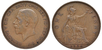 Великобритания 1 пенни 1936 Георг V (1910-1936) KM 838, Spink 4055 бронза 4123-941