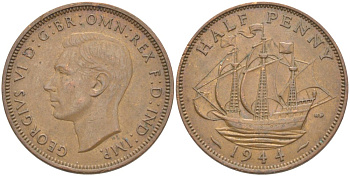 Великобритания 1/2 пенни 1944 Георг VI (1936-1952) KM 844, Spink 4115 бронза 51-2025