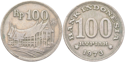 Индонезия 100 рупий 1973 хижина минангкабау KM 36 медно-никель 4143-1253