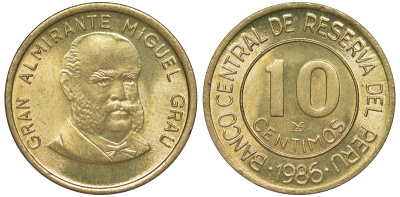 Перу 10 сентимо 1986 Мигель Грау Семинарио KM 293 латунь aUNC 4189-768