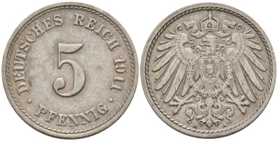 Германия 5 пфеннигов 1911 A KM 11, J. 12, Weege 6 медно-никель 4151-523