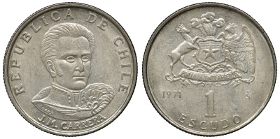 Чили 1 эскудо 1971 Хосе Мигель Каррера KM 197 медно-никель 4118-245