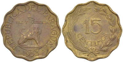 Парагвай 15 сентимо 1953 лев, фригийский колпак на шесте KM 26 алюминиевая бронза 57-1351