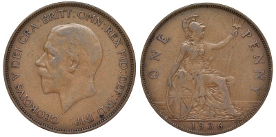 Великобритания 1 пенни 1936 Георг V (1910-1936) KM 838, Spink 4055 бронза 4123-941