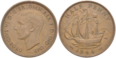 Великобритания 1/2 пенни 1944 Георг VI (1936-1952) KM 844, Spink 4115 бронза 51-2025