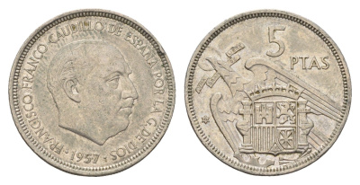 Испания 5 песет 1957 (73) Франсиско Франко (1939-1975) KM 786 медно-никель 4673-953