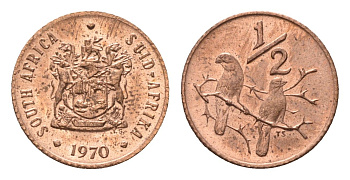 ЮАР 1/2 цента 1970 два капских воробья на ветке KM 81 бронза UNC 4690-1012