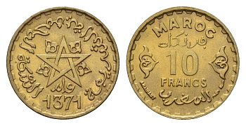 Марокко 10 франков 1952 AH 1371, год-тип Y 49 медь алюминий никель UNC 4669-459