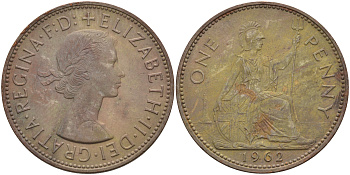 Великобритания 1 пенни 1962 Елизавета II (1952-2022) KM 897, Spink 4157 бронза 4593-236