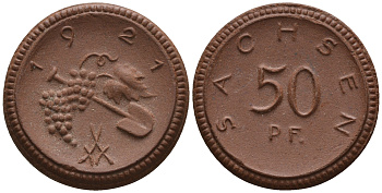 Саксония 50 пфеннигов 1921 виноград и лопата J. N 54 фарфор UNC 1094-8-62