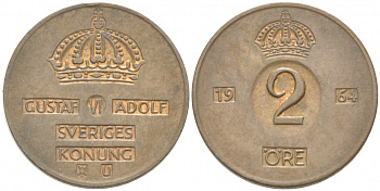Швеция 2 эре 1964 U, Густав VI Адольф (1950-1973) КМ 821 бронза 77-514