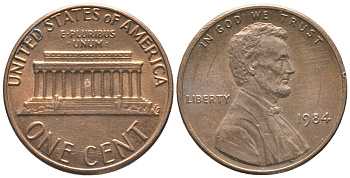 США 1 ЦЕНТ 1984 ЛИНКОЛЬН KM 201b цинк плакированный медью 100-1054