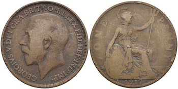 Великобритания 1 пенни 1917 Георг V (1910-1936) KM 810, Spink 4051 бронза 115-123