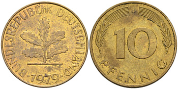 ФРГ 10 пфеннигов 1979 J KM 106 сталь плакированная латунью 4571-544