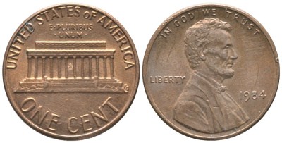 США 1 ЦЕНТ 1984 ЛИНКОЛЬН KM 201b цинк плакированный медью 100-1054