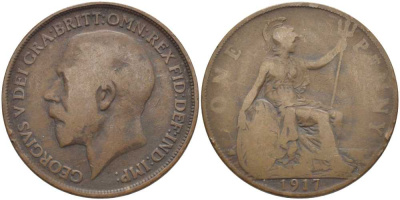 Великобритания 1 пенни 1917 Георг V (1910-1936) KM 810, Spink 4051 бронза 115-123